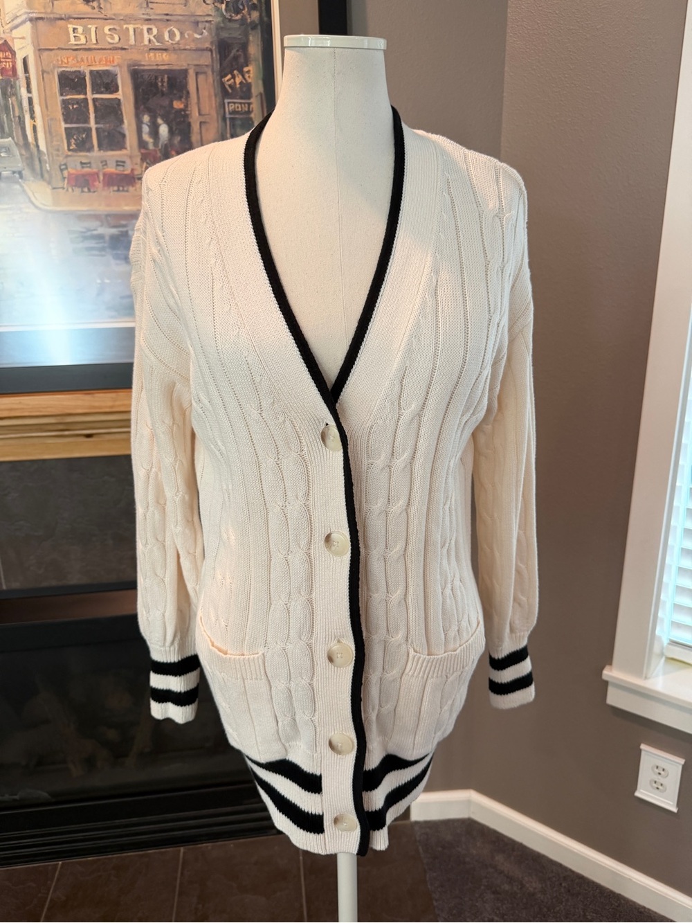 LOFT Cream Cable Knit Cardigan with Black Trim
